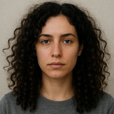 Portrait of a young woman with long curly hair against a gray background