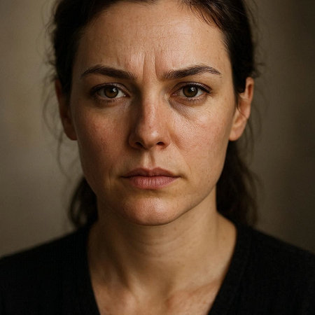 Portrait of a woman with a sad expression on her face.
