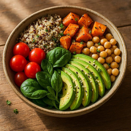 Healthy vegetarian bowl with quinoa, chickpeas, avocado, tomatoes and spinach