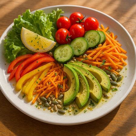 Vegetarian salad with avocado, tomatoes, cucumbers and pumpkin seeds