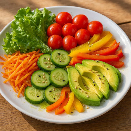 Vegetable salad with avocado, tomato, cucumber and lettuce.