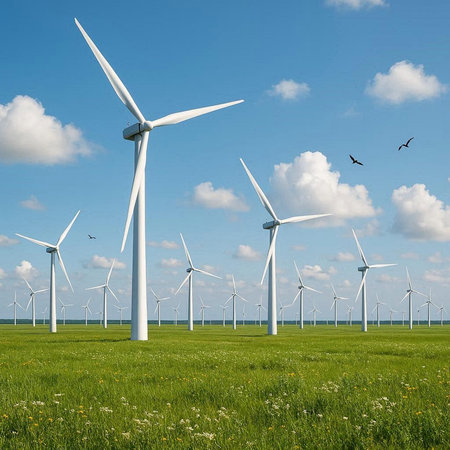 Wind turbines on a meadow with blue sky and white clouds.