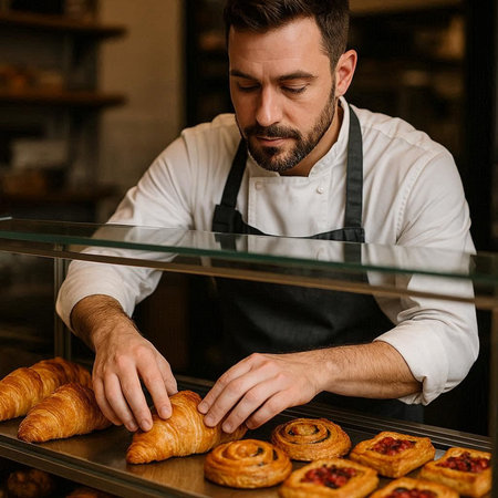 selective focus of man in apron taking croissants from shelf in bakery