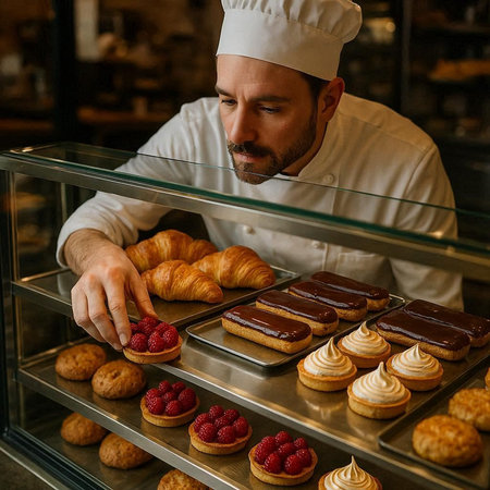 Chef at work. Bearded male baker in white uniform standing near the counter and making cakes