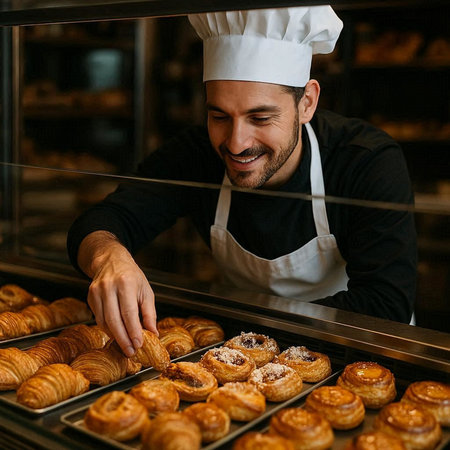 Handsome young male baker working in a bakery and smiling.