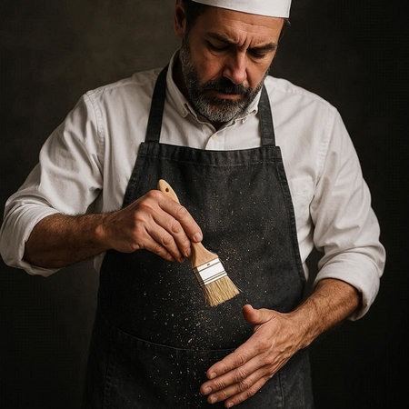 Portrait of a senior male chef in apron on dark background.の写真素材