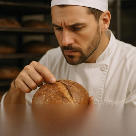 Baker with a loaf of bread in his hands. Bakery.