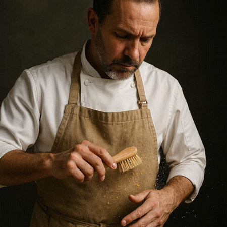 Caucasian man in apron with brush in his hand.