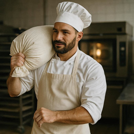 Portrait of a male chef holding a pillow in his hands.