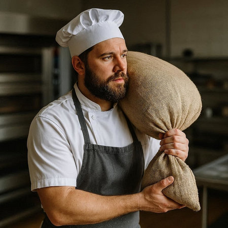 Portrait of a bearded male chef holding a burlap sack.