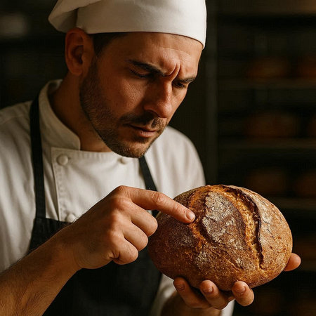 Portrait of a male baker holding a freshly baked loaf of bread
