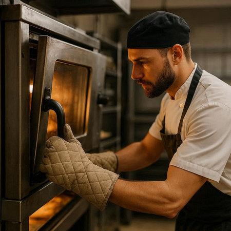 Baker in apron and cap working with oven in bakery.