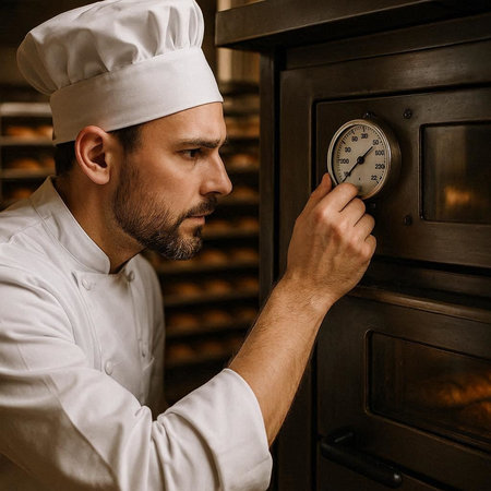 Handsome male chef holding a clock in a restaurant kitchen.