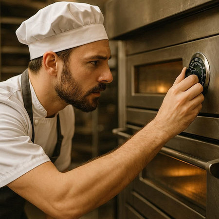 Portrait of a male chef in uniform at the oven. Restaurant.
