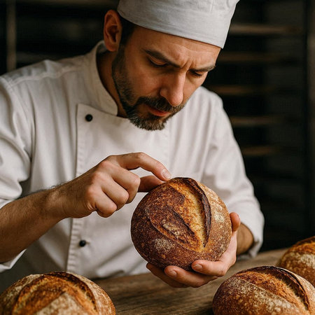 Baker kneading fresh bread in the kitchen of his bakery