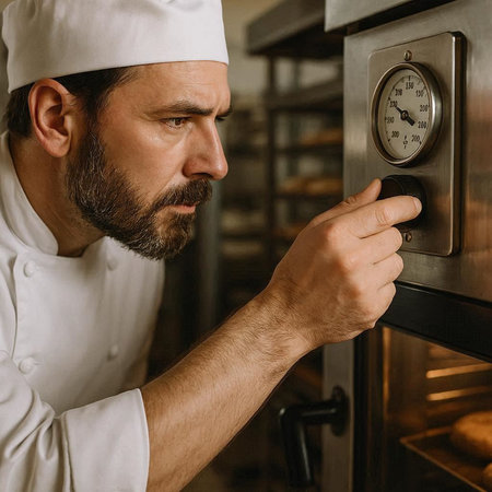 Close-up portrait of a bearded male cook in uniform standing at the oven and checking the...