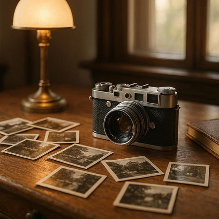 Vintage camera and old photos on the wooden table in the room