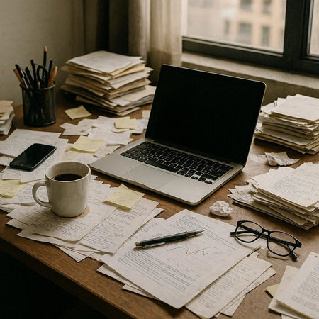 Workplace with laptop, papers, coffee cup and glasses on wooden table