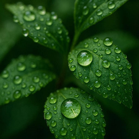 Water drops on green leaves. Abstract natural background with copy space.