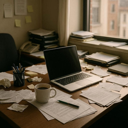 Office desk with laptop, coffee cup, books and other items.
