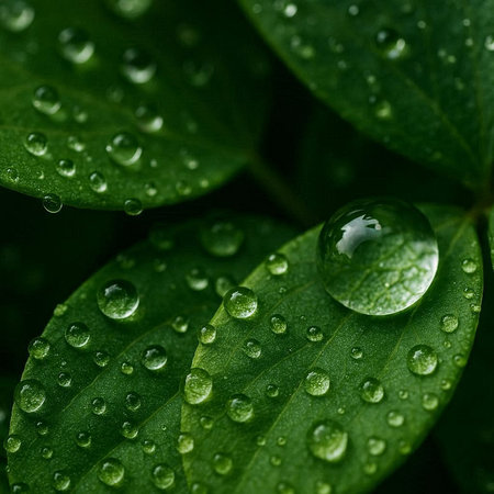 Water drops on green leaves. Natural background. Close-up.