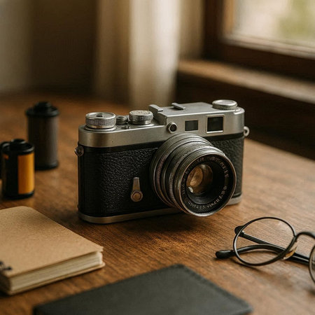 Retro camera on the wooden table with notebook and eyeglasses