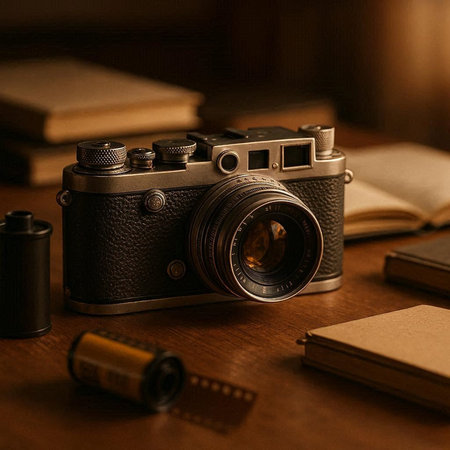 Vintage camera and old books on a wooden table. Selective focus.