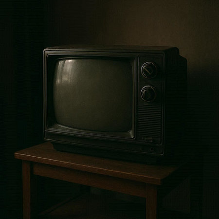 Retro TV on a wooden table in front of a dark wall