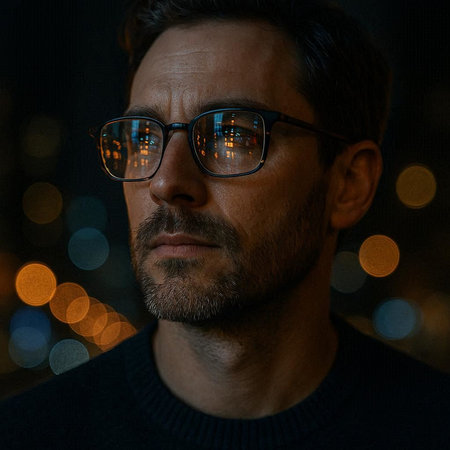 Portrait of a handsome bearded man in glasses against the background of the night city