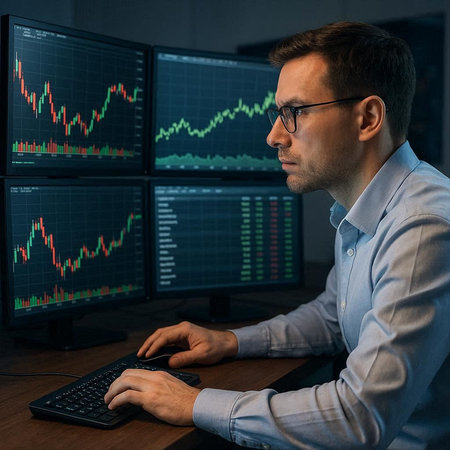 Side view of businessman in eyeglasses working on computer at night