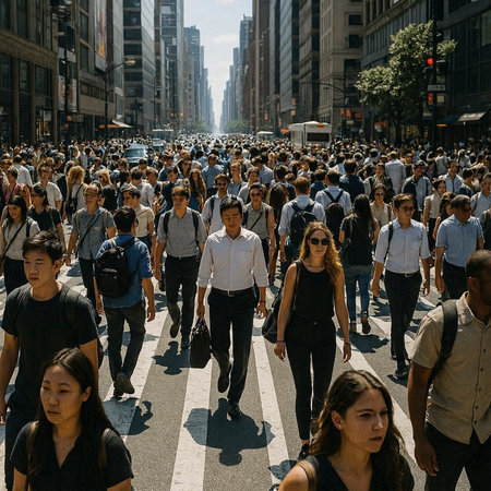 Crowd of people crossing the street in Manhattanの写真素材