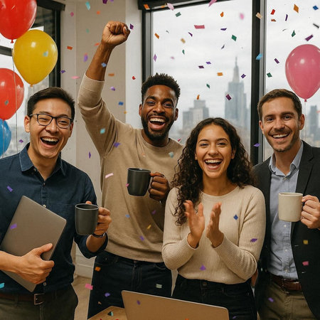 Happy group of multiethnic businesspeople celebrating their success at office with balloons and...