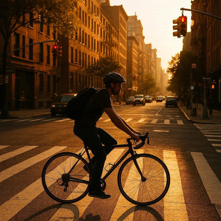 Cyclist on a bike in a city street at sunset.