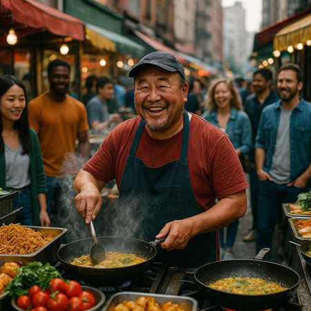 Asian man selling street food at a local market in New York City
