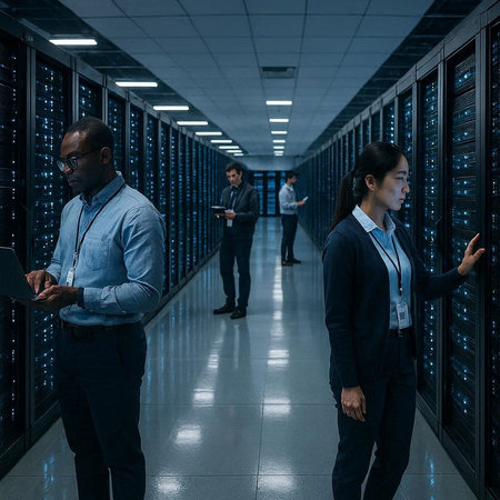 Serious young African-American businessman using laptop while standing in server room