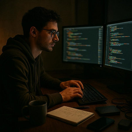 Side view of concentrated hacker in eyeglasses working on computer at night
