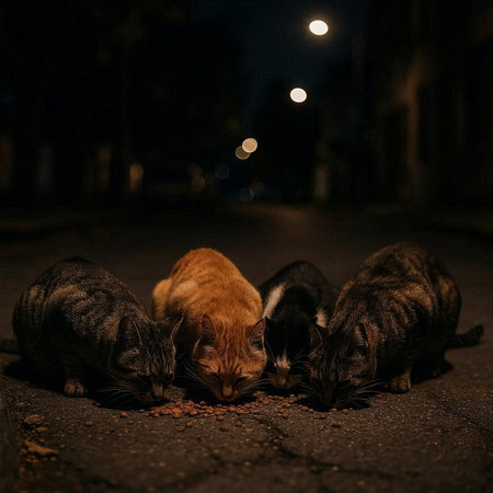 Cats eat food in the street at night. Toned.