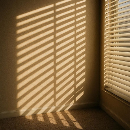 sunlight through blinds on the wall in an empty room.