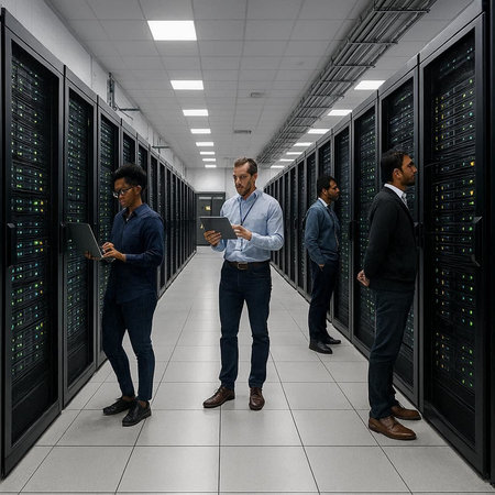 Group of business people working in server room. This is a 3d render illustration