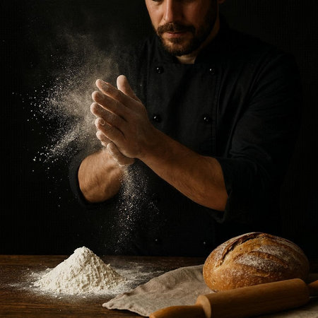 Male chef sprinkles flour on a loaf of bread. Dark background.