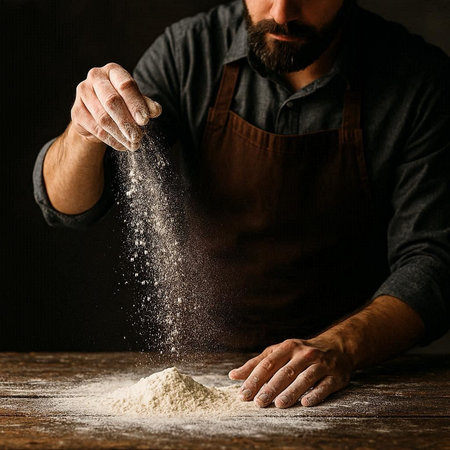 Male chef sprinkles flour on a wooden table. Dark background.の写真素材