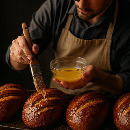 Baker holding a brush and making fresh bread in a bakery.