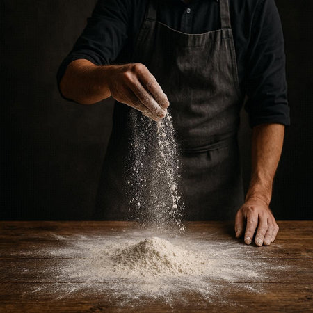Male hands sprinkling flour on wooden table over dark background, selective focus
