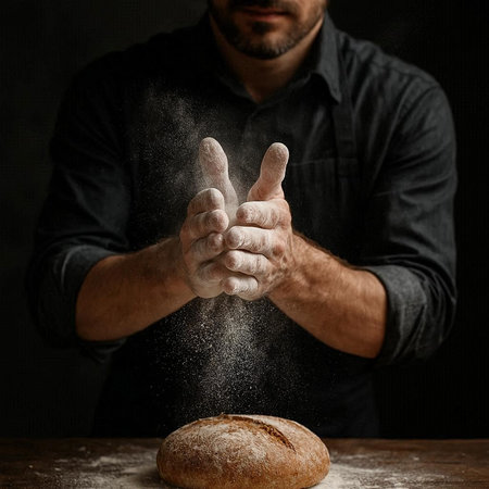 Hands of a man kneading dough on a black background
