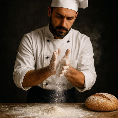 Portrait of a bearded male chef in white uniform sprinkling flour on a freshly baked bread.