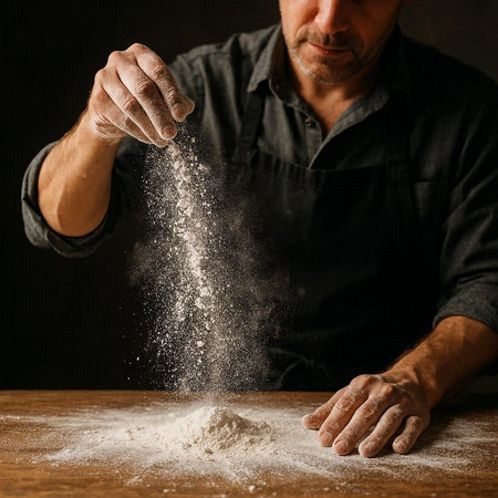 Close-up of a male chef sprinkling flour on the table