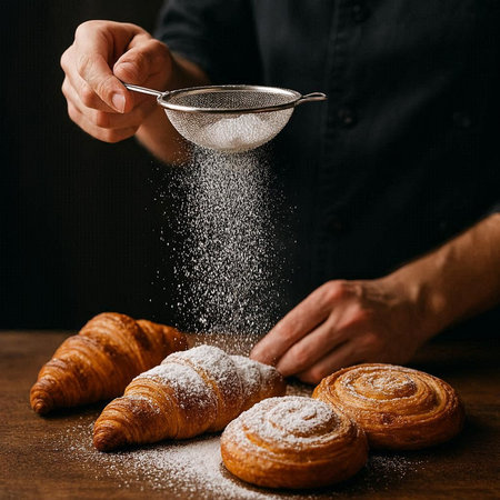 Croissants with sugar powder and sieve on wooden table.