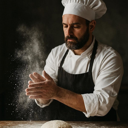 Portrait of a bearded male chef in a white uniform kneading dough with flour on a dark background.