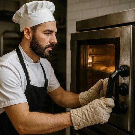 Portrait of a man in a chef's hat and apron at the oven