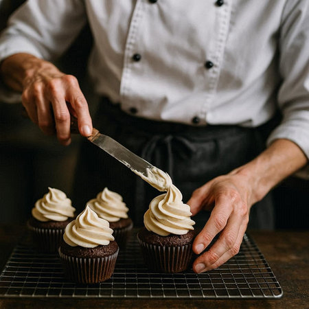 Chef decorating chocolate cupcakes with cream cheese frosting.